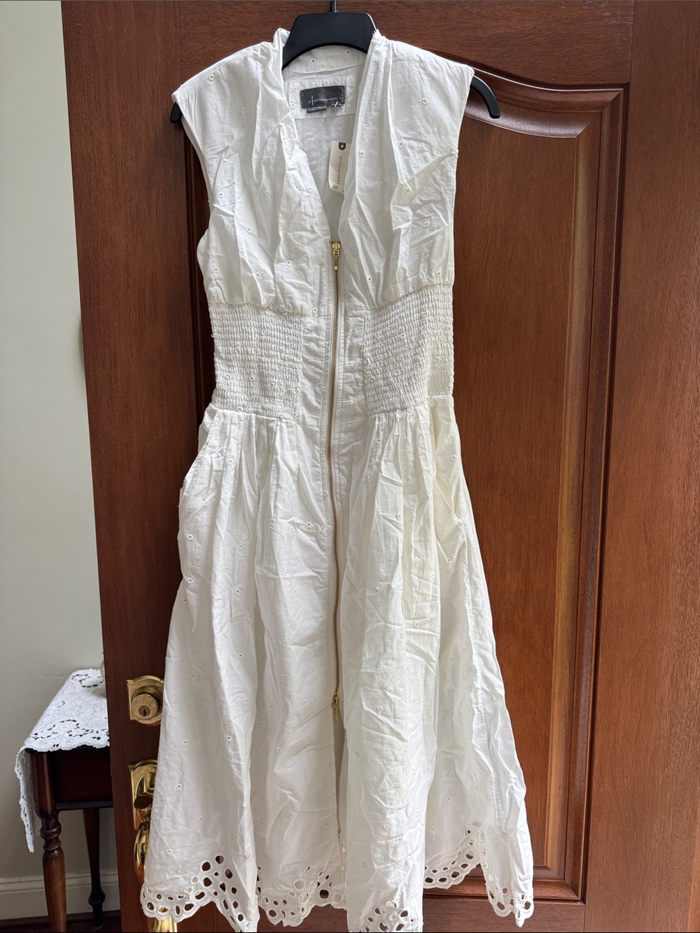 Anthropologie Tommie Zip front midi dress white eyelet trim